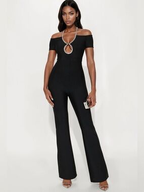 Fashion Nova Off-Shoulder Black Jumpsuit with Rhinestone Keyhole-NWT🖤